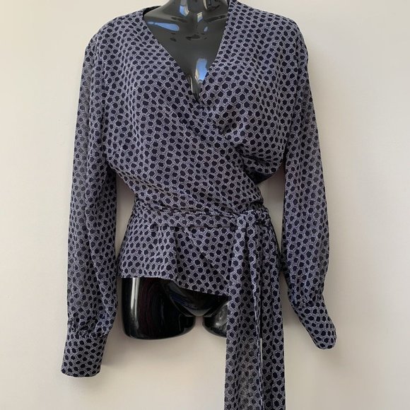 Hobbs Tops - Hobbs Women's Wrap Blouse UK Size 16 Navy Blue Patterned Long Sleeve